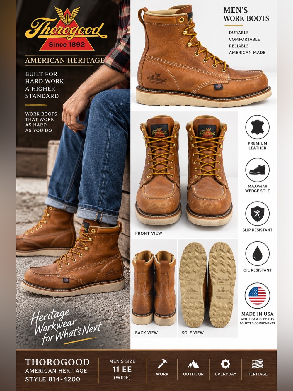 Thorogood American Heritage 814-4200 Moc Toe Work Boots Brown Leather Men 11 EE